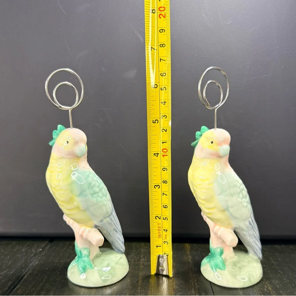 2-pc Ceramic Parrot Bird Photo Card Note Holder Wire Clip Decor Pastel Colors